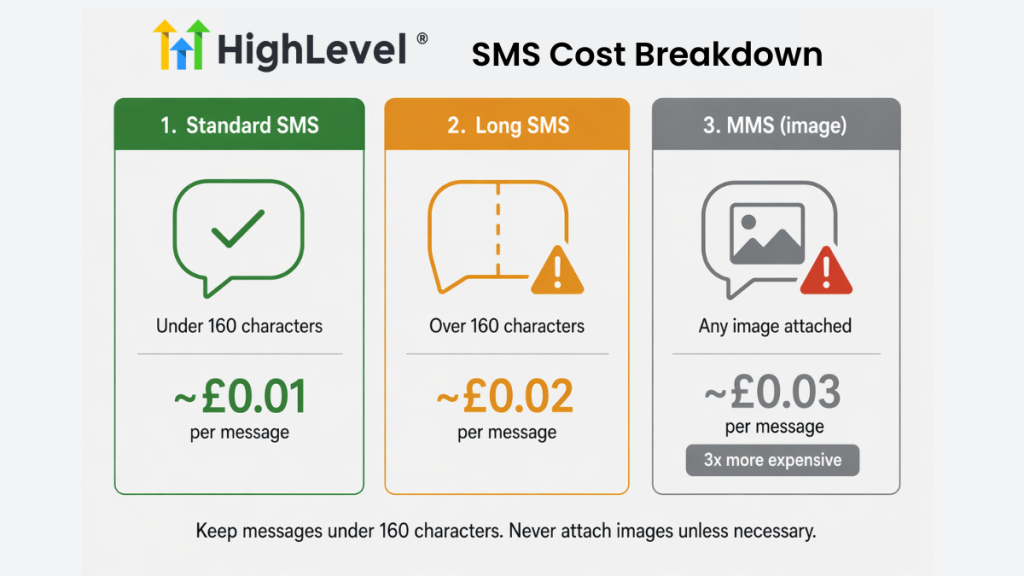 GoHighLevel hidden costs SMS pricing comparison showing standard SMS versus long SMS versus MMS image message costs per message