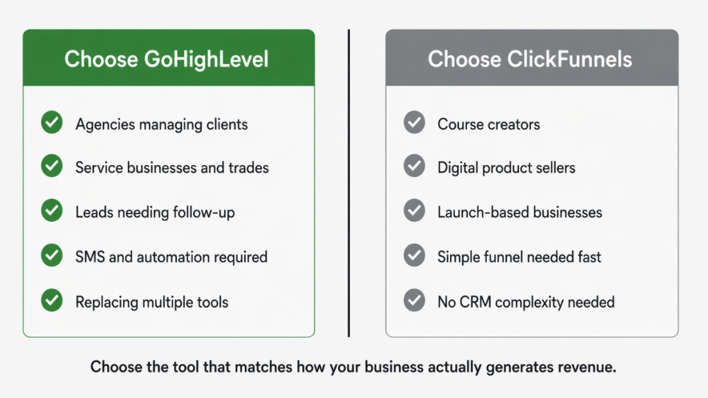 GoHighLevel vs ClickFunnels decision guide showing which platform to choose based on business type agencies versus course creators