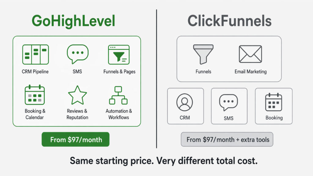 GoHighLevel vs ClickFunnels comparison showing all-in-one platform features versus ClickFunnels funnel builder plus separate tools required
