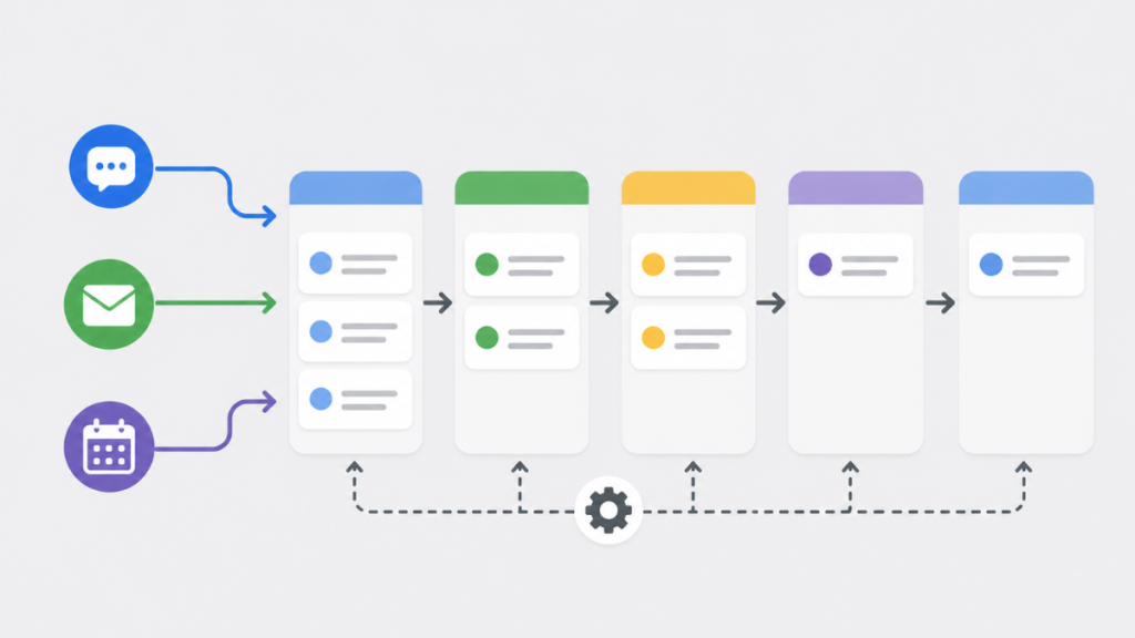 GoHighLevel pipeline workflow showing leads moving through stages with automated SMS email and booking