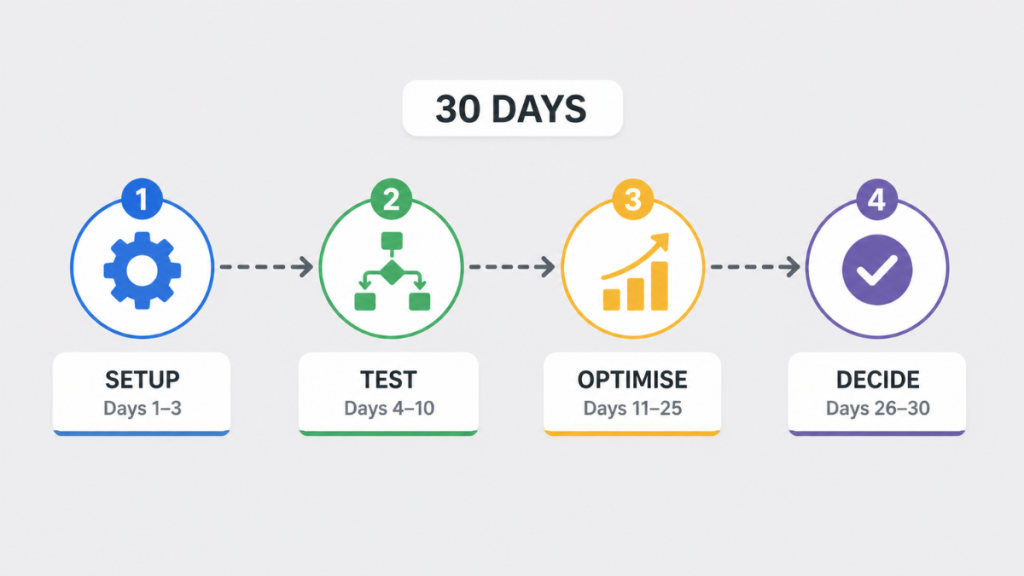 GoHighLevel 30 day free trial plan showing setup, testing, optimisation and decision phases