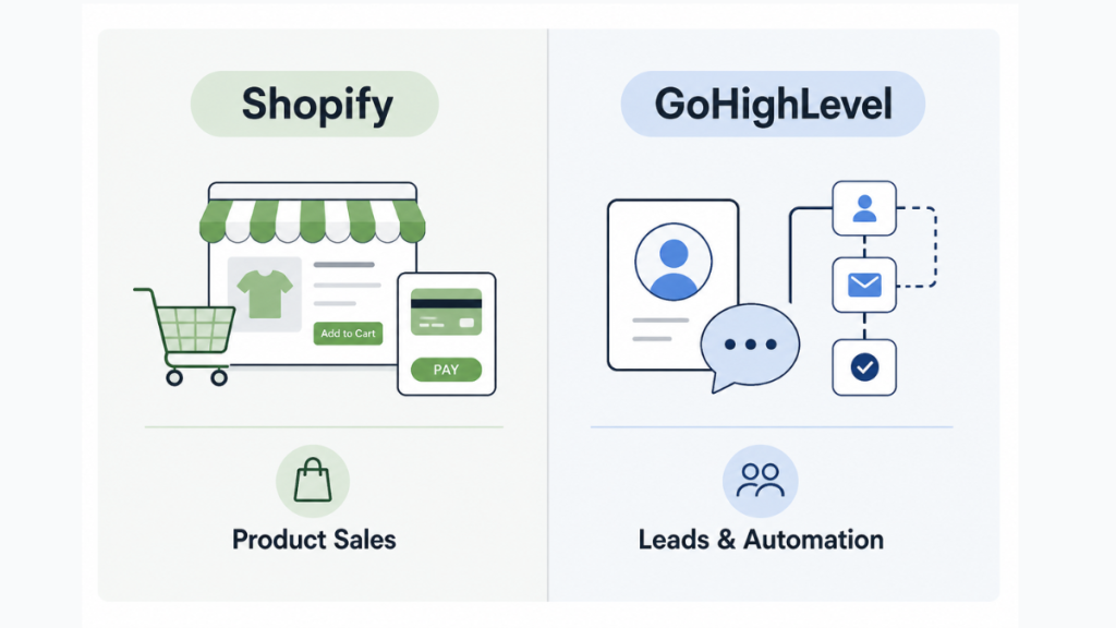 shopify vs gohighlevel product sales vs lead generation automation