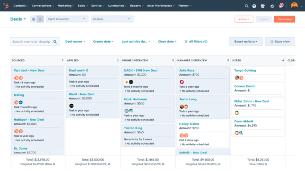 CRM pipeline dashboard showing lead stages and sales tracking