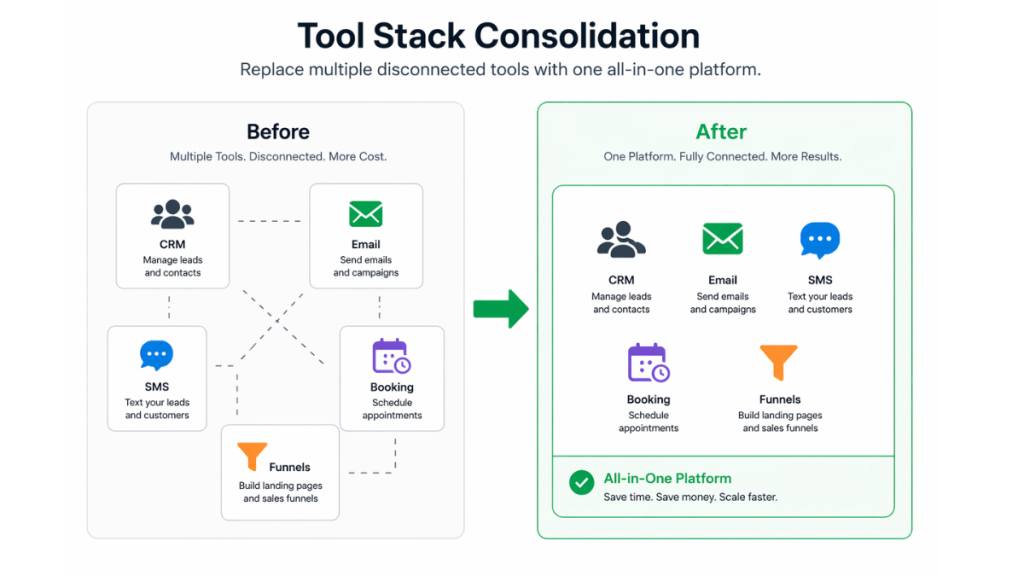 Comparison of separate marketing tools versus GoHighLevel Agency Unlimited Plan all-in-one platform consolidation
