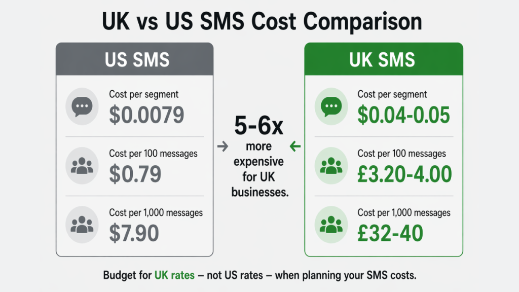 GoHighLevel SMS cost comparison showing UK rate of $0.04-0.05 per segment versus US rate of $0.0079 per segment