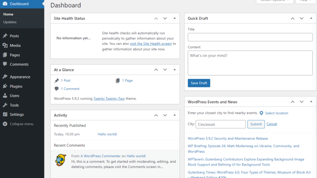WordPress dashboard interface example
