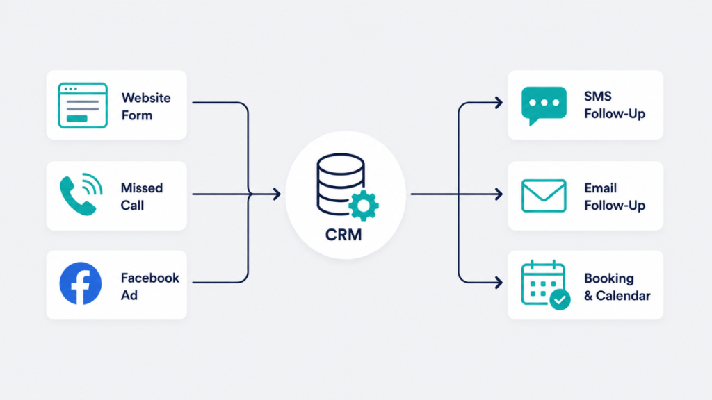 Workflow diagram showing CRM capturing leads from multiple sources and triggering automated follow-up
