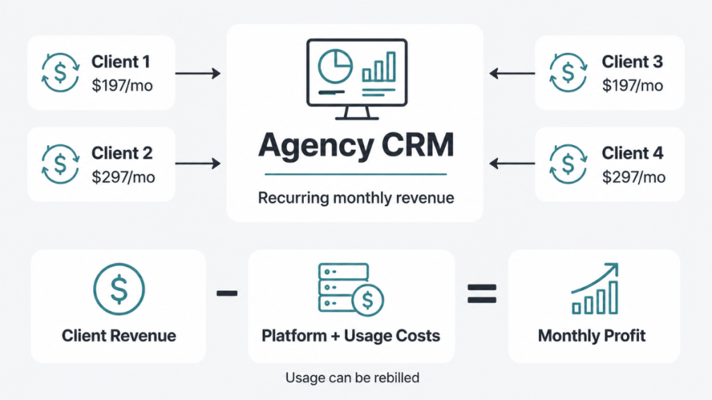 GoHighLevel SaaS mode revenue model with client subscriptions, platform costs, usage costs, and monthly profit.