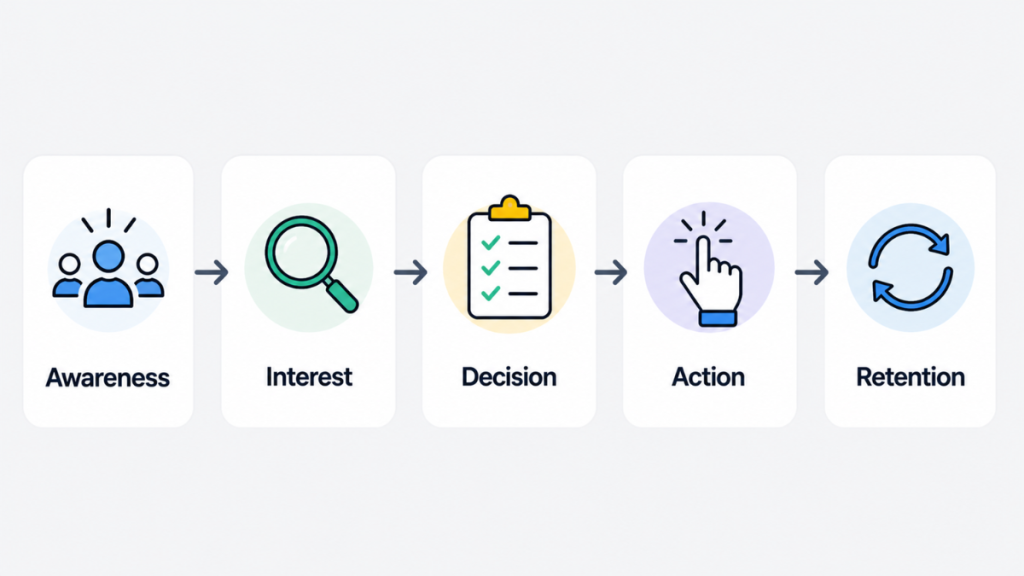 five stage sales funnel awareness interest decision action retention