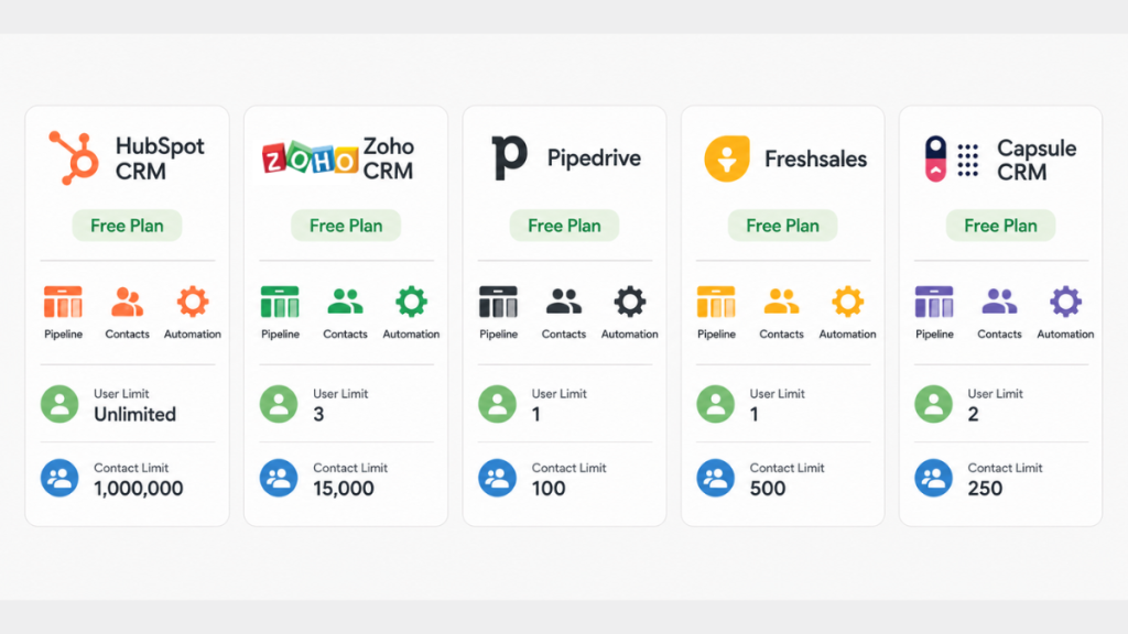 best free CRM for small business 2026 comparison of HubSpot Zoho Freshsales Capsule and Bigin free plans