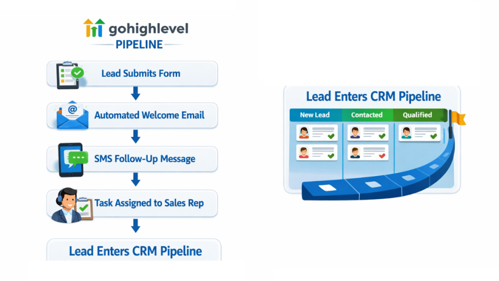CRM workflow automation diagram showing automated lead follow-up steps