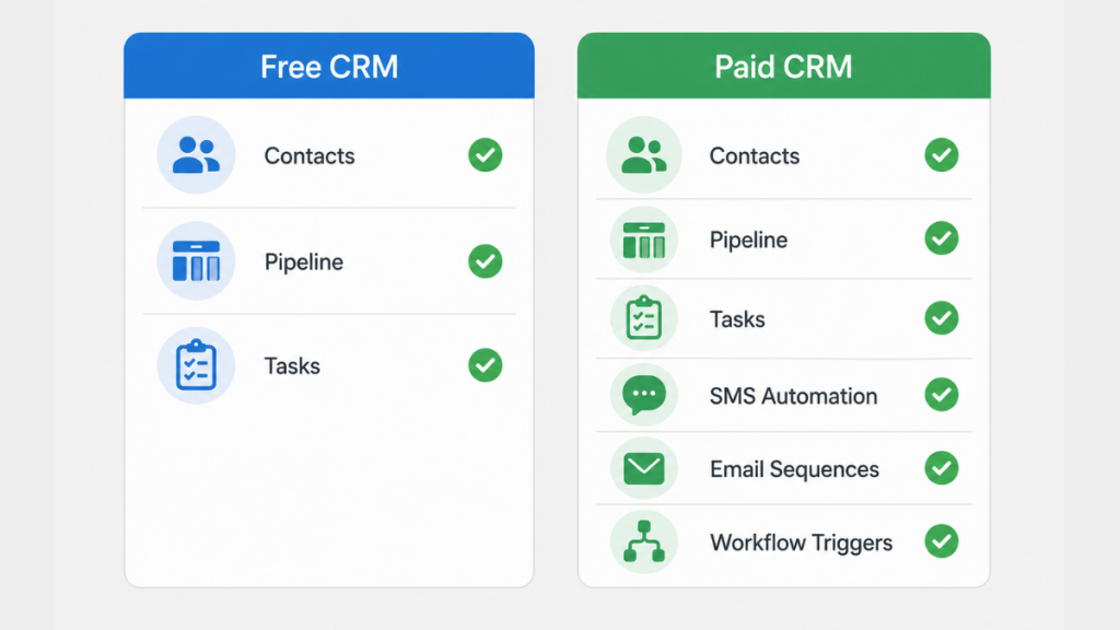 free CRM versus paid CRM for small business showing contact storage versus automated follow-up features