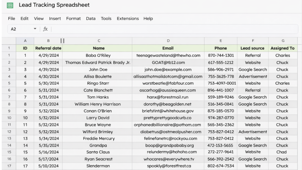 lead tracking spreadsheet example