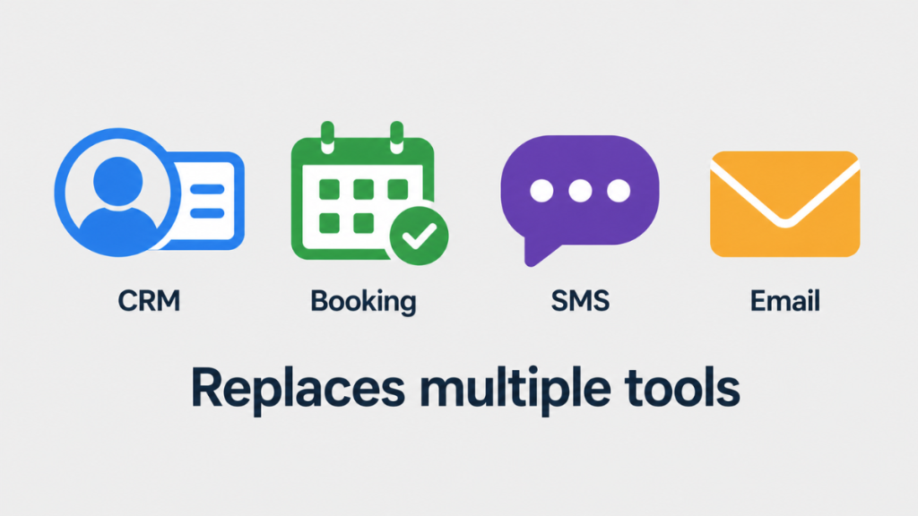 GoHighLevel Starter Plan features showing all-in-one CRM SMS funnels booking and automation replacing three separate tools for UK service businesses