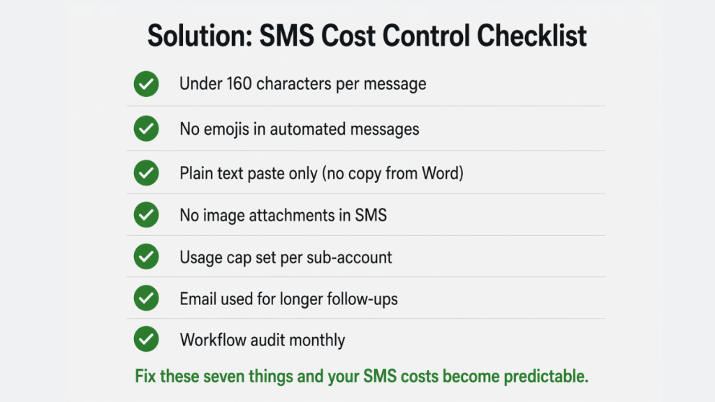 oHighLevel SMS cost control checklist showing seven steps to reduce UK SMS costs including character limits emoji removal and usage caps
