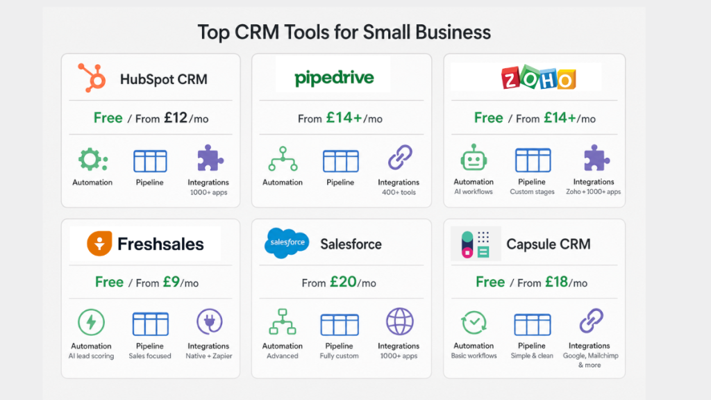 Comparison of customer management software tools for small business showing pricing and features