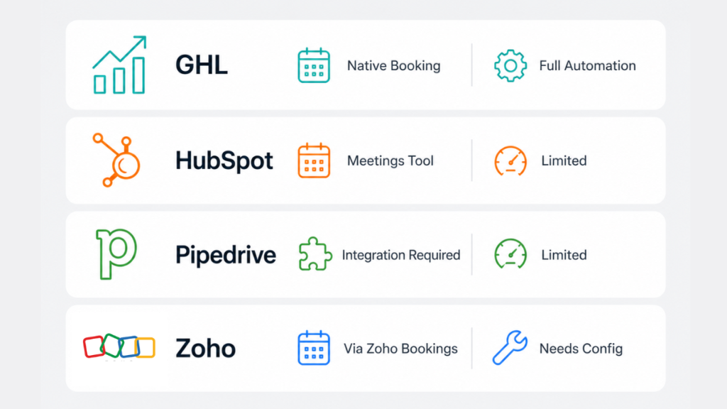 CRM comparison for appointment based businesses — GoHighLevel, HubSpot, Pipedrive and Zoho