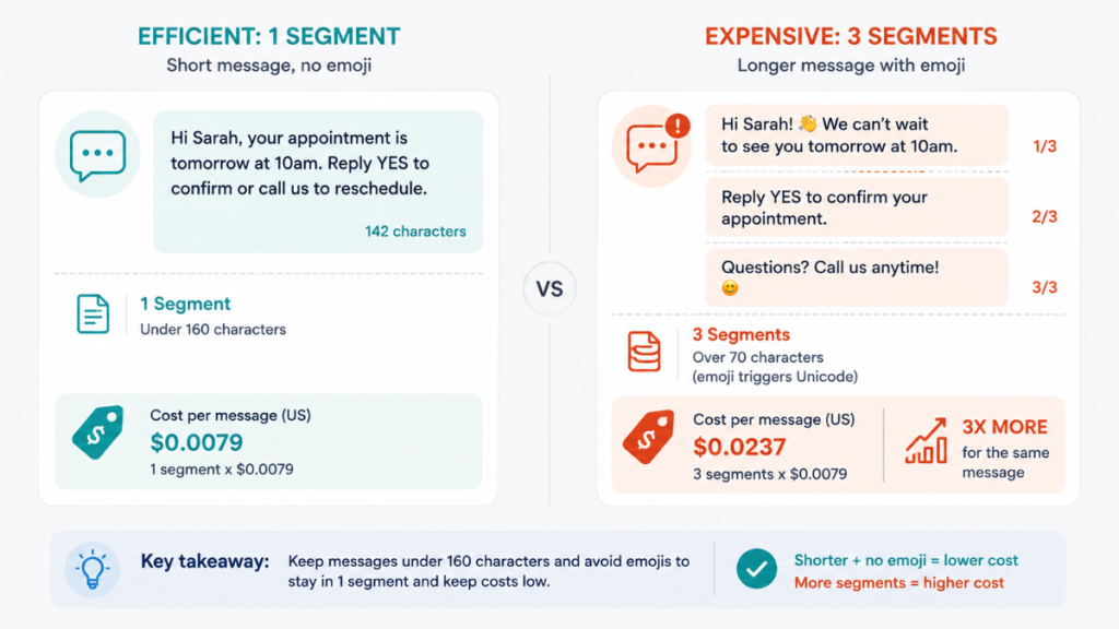 comparison showing how long sms messages and emojis increase gohighlevel sms costs through multiple segments
