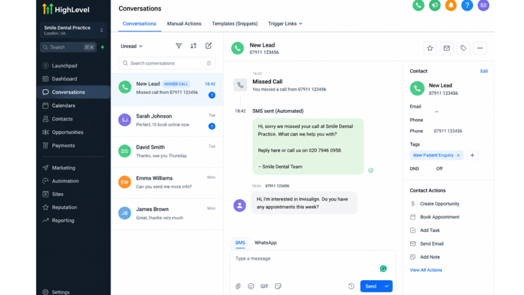 gohighlevel missed call text back conversation workflow for dental leads