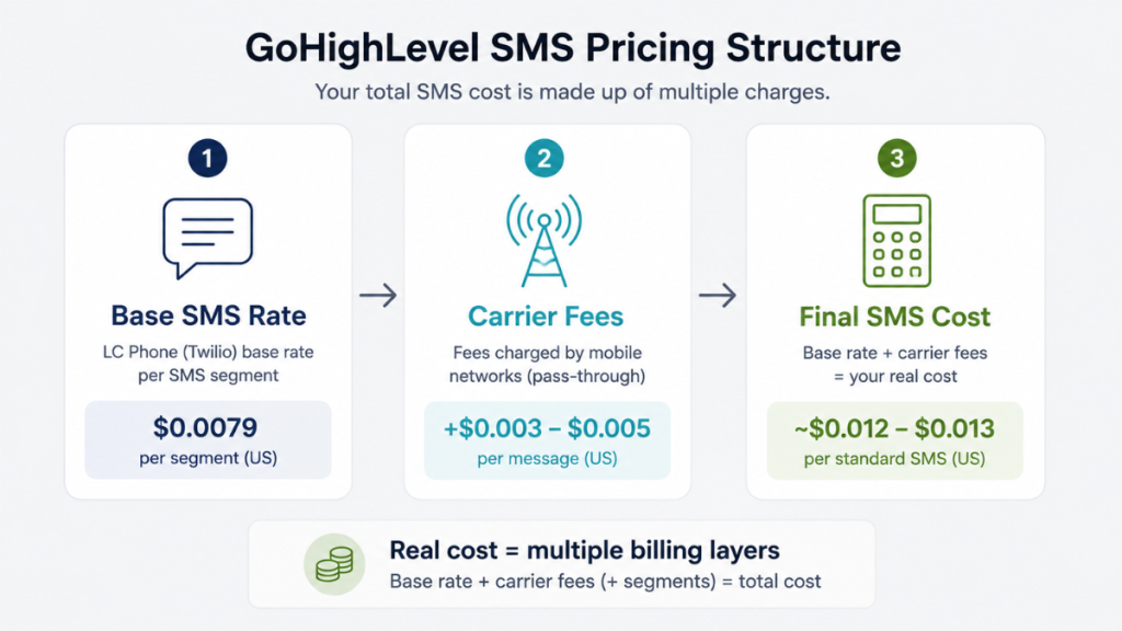 gohighlevel sms pricing structure showing base rates carrier fees and total sms costs